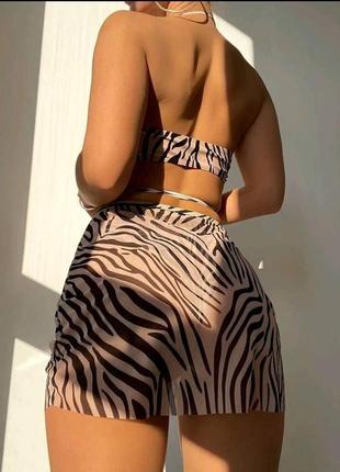 Женский раздельный купальник тройка с завязками вокруг талии и юбкой zebra бежевый3 фото