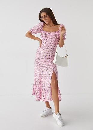 Длинное цветочное платье с оборкой hot fashion - розовый цвет, m (есть размеры)7 фото