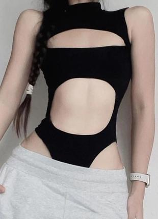 Женский черный боди короткий рукав со стойкой под горло эластичная ткань с качественной накаткой