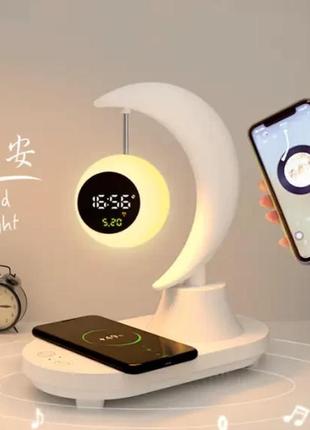 Ночник с беспроводной зарядкой и bluetooth колонкой луна с часами, настольная лампа ночник зарядное tktk6 фото