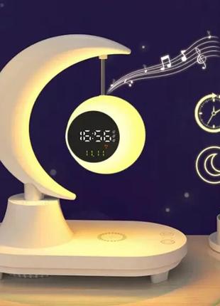 Ночник с беспроводной зарядкой и bluetooth колонкой луна с часами, настольная лампа ночник зарядное tktk4 фото