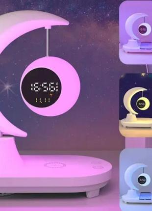 Ночник с беспроводной зарядкой и bluetooth колонкой луна с часами, настольная лампа ночник зарядное tktk7 фото