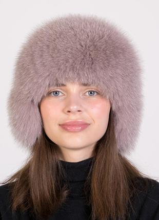 Женская зимняя трикотажная шапка ушанка из натурального меха песца3 фото