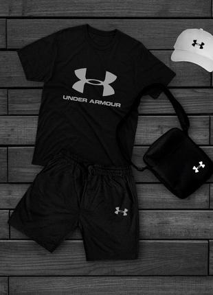 Чоловічий комплект under armour 4в1 футболка + шорти + кепка + месенджер натуральна бавовна спортивний літній