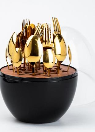 Набор столовых приборов на 6 персон из нержавеющей стали 24 штуки золотых с подставкой "яйцо" черный2 фото