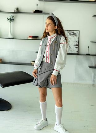 Костюм двойка детский подростковый для девочки, жилетка, юбка - шорты, школьная форма, гус...