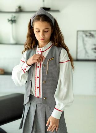 Костюм двойка детский подростковый для девочки, жилетка, юбка - шорты, школьная форма, гус...