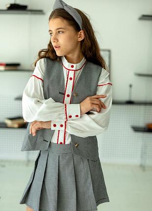 Костюм двойка детский подростковый для девочки, жилетка, юбка - шорты, школьная форма, гус...
