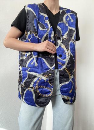 Сатиновий жилет синя жилетка принт версачі атласний жилет вінтажний жилетка безрукавка оверсайз