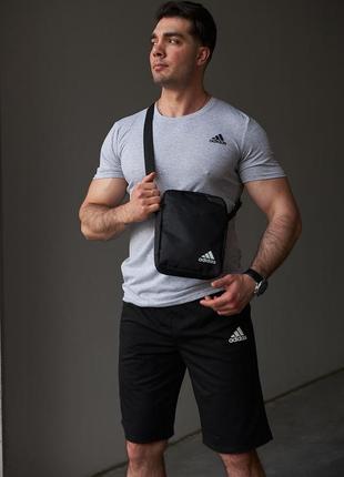 Комплект мужской adidas: футболка + шорты черные + борсетка черная🔥