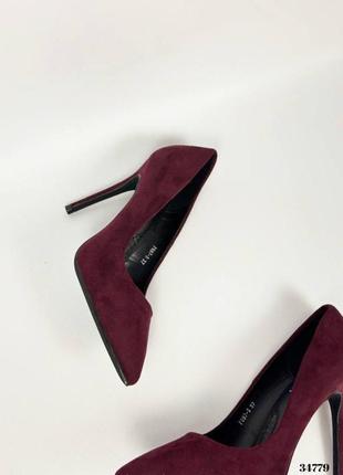 ▪️жіночі туфлі човники марсала високий тонкий каблук-шпилька гострий носок носик лодочки босоніжки бордові замшеві (еко замша) 36 37 38 39 40 розмір2 фото