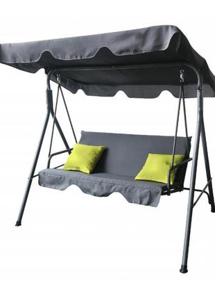 Качеля садовая с навесом серая+салатовые подушки/ садовая качеля с навесом металлическая / качеля для дачи