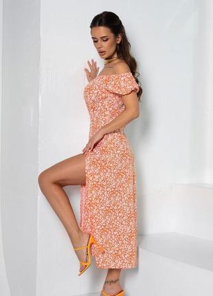 Хлопковое оранжевое платье с разрезом на ноге, штапель, повседневный2 фото