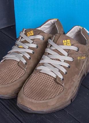 Чоловічі шкіряні літні мокасини  кросівки, перфорація  columbia latte beige  бежеві