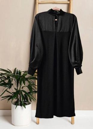 Платье черное zara с красивым атласным рукавом3 фото