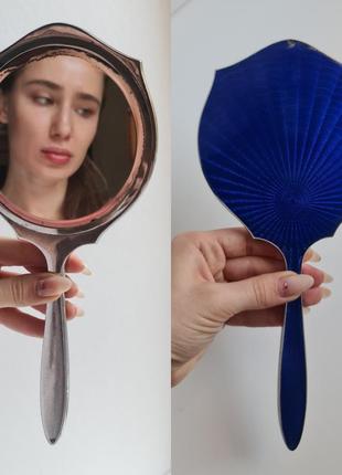 Велике синє вінтажне ручне дзеркало vintage 17 см