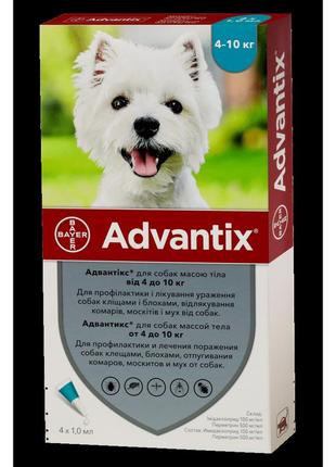 Advantix краплі від бліх і кліщів для собак вагою 4-10 кг 1амп.1,0 мл