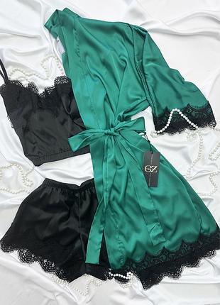 Шовковий домашній комплект шортики+майка+халат шовк сінді трійка (пудра)