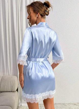 Шелковый домашний комплект шортики+майка+халат шелк с кружевом тройка2 фото