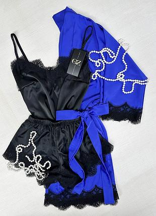 Шелковый домашний комплект шортики+майка+халат шелк с кружевом тройка5 фото