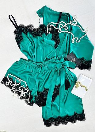 Шелковый домашний комплект шортики+майка+халат шелк с кружевом тройка7 фото