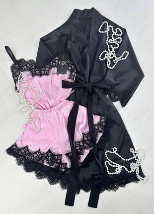Шелковый домашний комплект шортики+майка+халат шелк с кружевом тройка10 фото