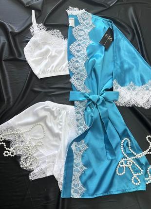 Шовковий домашній комплект шортики+майка+халат шовк сінді трійка (пудра)