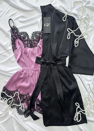 Большие размеры! домашний комплект шелк  тройка халат и черный комплект (шортики+майка+халат)