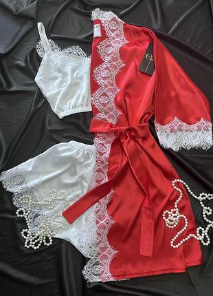 Шовковий домашній комплект шортики+майка+халат шовк сінді трійка (пудра)