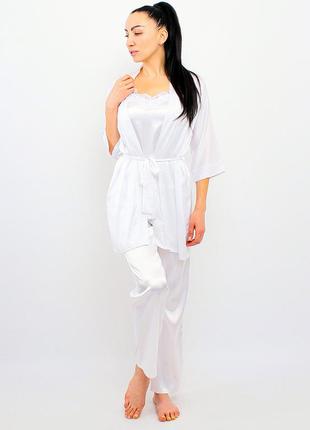Вишуканий піжамний комплект штани + майка + шифоновий халат (білий / білий)