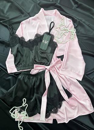 Шовковий домашній комплект шортики+майка+халат шовк сінді трійка (пудра)