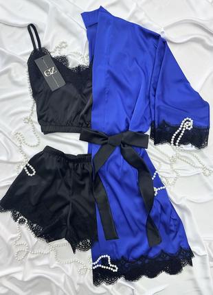 Шовковий домашній комплект шортики+майка+халат шовк сінді трійка (пудра)