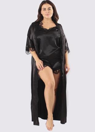 Большие размеры! комплект домашний миа тройка черный халат и черный комплект (шортики+майка+халат)