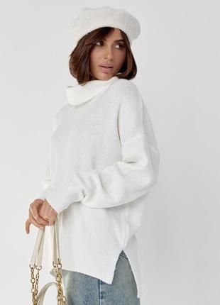 Женский свитер oversize с разрезами по бокам - молочный цвет, s (есть размеры)9 фото