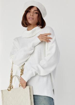 Женский свитер oversize с разрезами по бокам - молочный цвет, s (есть размеры)5 фото