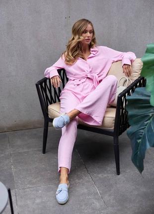 Костюм жіночий літній з жатки штани і сорочка рожевий, бежевий, блакитний, зелений, чорний 😘