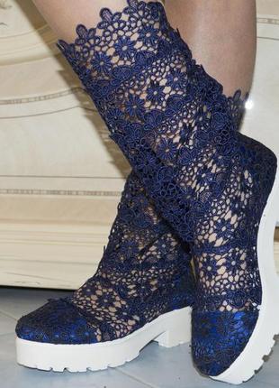 Летние ажурные сапожки из кружева макраме на тракторной подошве