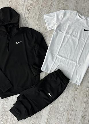 Комплект 3 в 1 демісезонний спортивний костюм nike чорний худі + чорні штани (двонитка) + футболка біла nike
