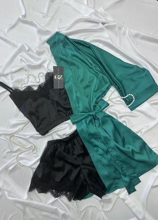 Шовковий домашній комплект шортики+майка+халат шовк сінді трійка (зелений)