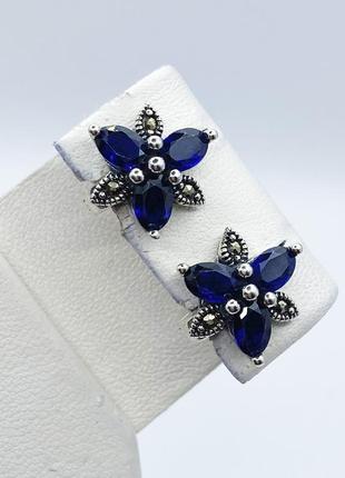 Сережки серебряные с сапфиром и марказитом 5,15 г