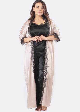 Комплект домашній шовковий штани+майка+халат шовк афіна трійка натуральний/чорний