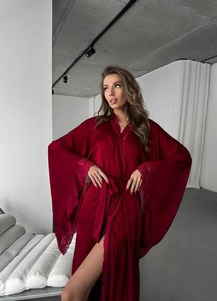 Довгий шовковий халат бордовий червоний на запах4 фото
