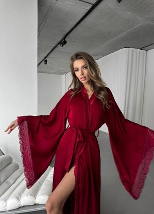 Довгий шовковий халат бордовий червоний на запах3 фото