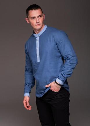 Мужская рубашка льняная с голубыми вставками, длинный рукав синяя3 фото