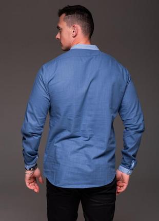 Мужская рубашка льняная с голубыми вставками, длинный рукав синяя4 фото