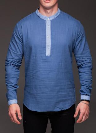 Мужская рубашка льняная с голубыми вставками, длинный рукав синяя2 фото