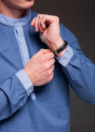 Мужская рубашка льняная с голубыми вставками, длинный рукав синяя7 фото