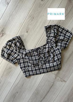 Кроп топ с рукавами-фонариками в клетку и завязками спереди primark