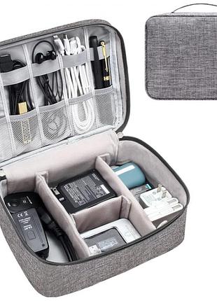 Сумка органайзер для хранения проводов, зарядок, кабелей, аксессуаров, флешек серая pro 199