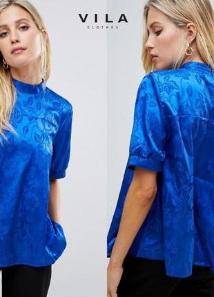 Синя електрик блуза розлітайка у квітковий принт жакард шовкова атласна vila clothes